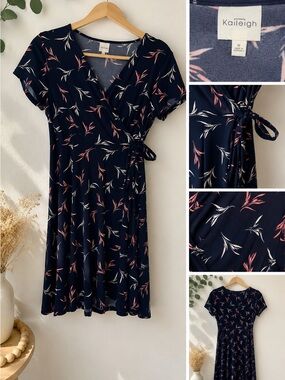 Kaileigh Navy Pink Faux Wrap Dress Medium Floral Leaf Print